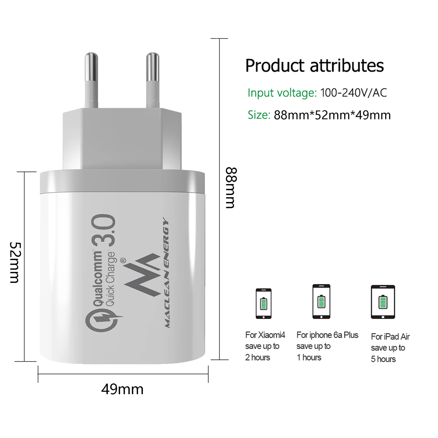1xQC 3.0 Maclean Energy MCE479 W charger - white Qualcomm Quick Charge QC 3.0 - 3.6-6VV / 3A, 6-9V / 2A, 9-12V / 1.5A and 2 sockets 5V / 2.1A - Image 6